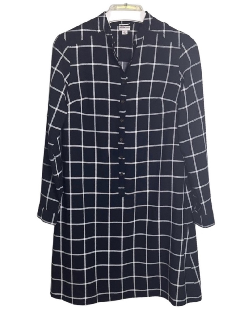 MERONA Black & White Grid Check Button Shirt Dress Tunic Small 100% Polyester